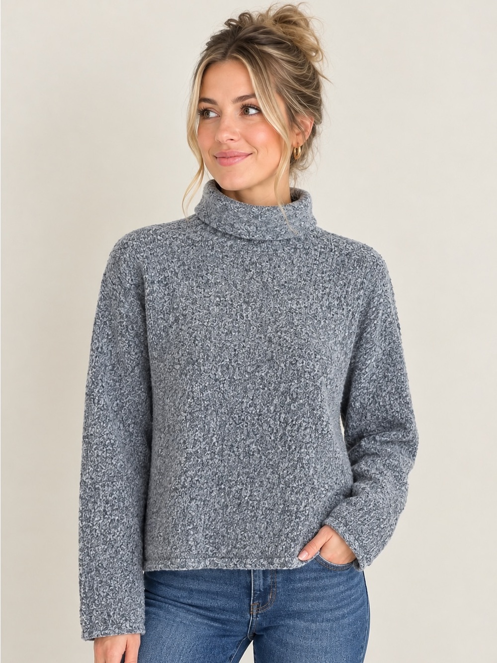 Eileen Fisher Turtleneck Sweater Small Blue Merino Wool Minimalist Classic Knit